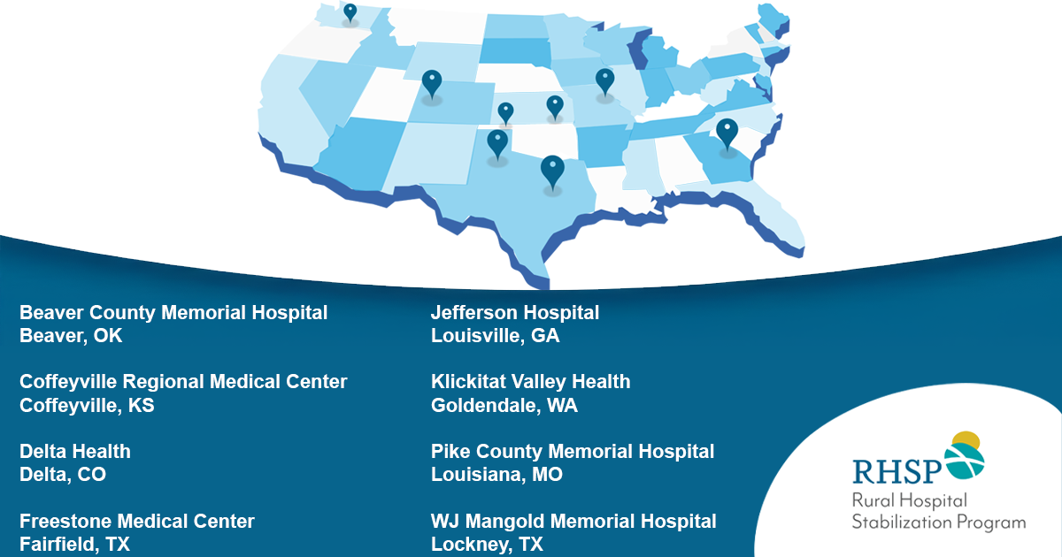 Map of the U.S. with pins showing the locations of the eight hospitals making up the first cohort of the Rural Hospital Stabilization Program: Beaver County Memorial Hospital, Coffeyville Regional Medical Center, Delta County Memorial Hospital, Freestone Medical Center, Jefferson Hospital, Kilckitat Valley Health, Pike County Memorial Hospital, and W.J. Mangold Memorial Hospital. Rural Hospital Stabilization Program logo.