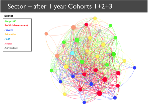 After 1 year, Cohorts 1+2+3 A network map showing Cohorts 1, 2, and 3 after one year. Several nodes have clear positions at the periphery. Network members within the same sector tend to group together.