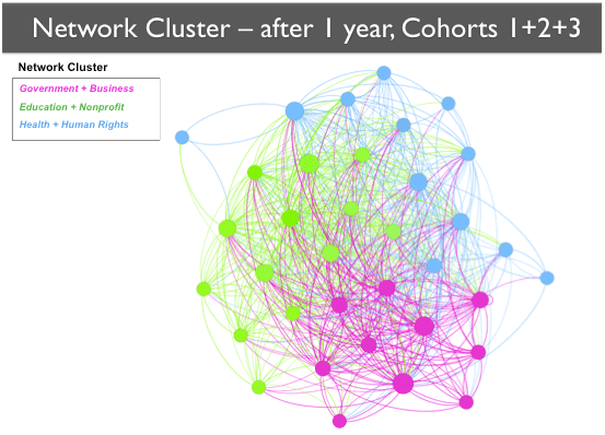 After 1 year, Cohorts 1+2+3 A network map showing all three cohorts, this time color coded based on the cluster they represent. Clusters are generally grouped together, with the "Health and Human Rights" cluster more spread along the periphery.