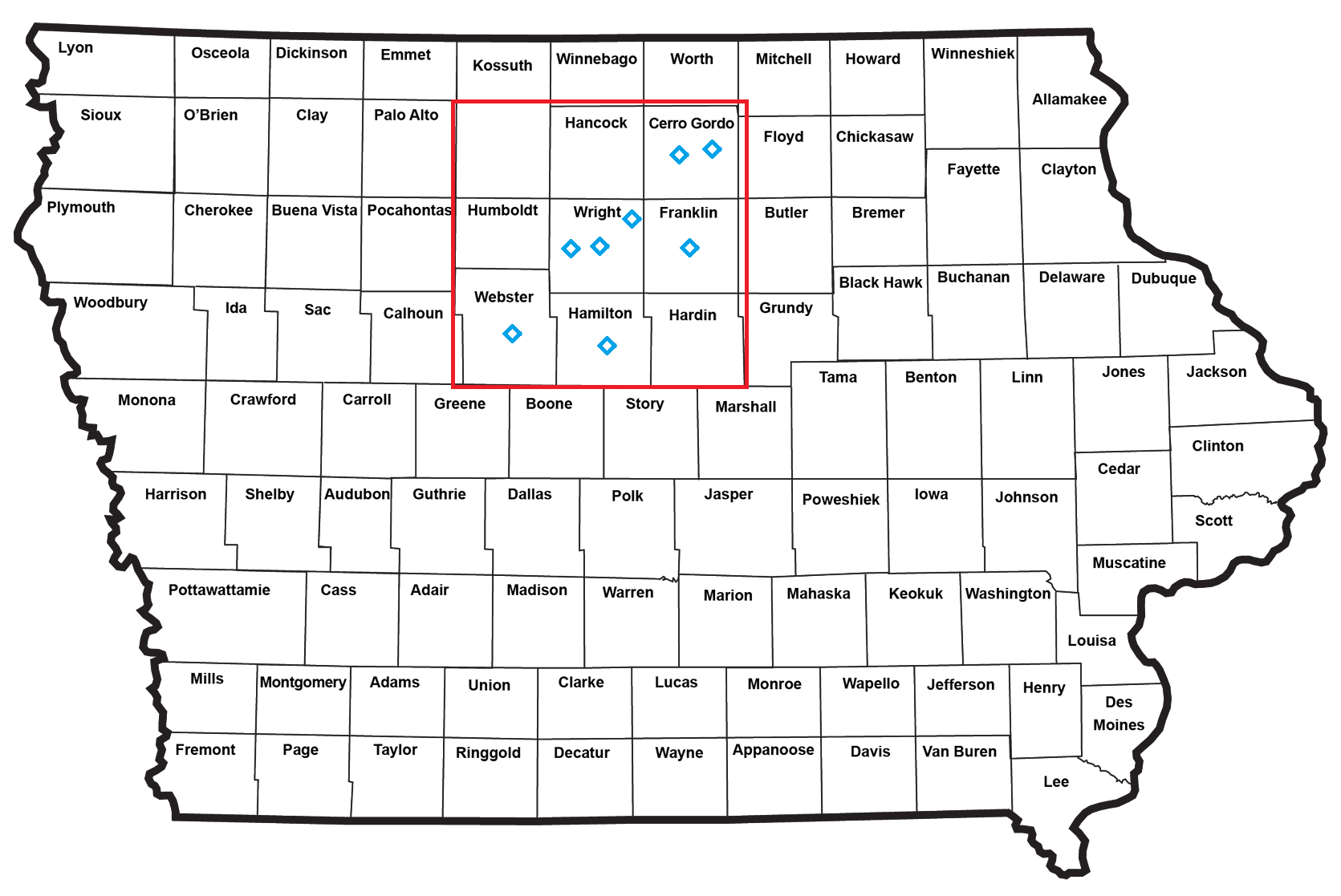 Wright Health Partners Map A map of Iowa showing the locations of Wright Health Partners members. The service area covers nine counties in northcentral Iowa.