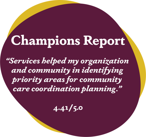 Champions report 'Services helped my organization and community in identifying priority areas for community care coordination planning.' 4.41/5.0