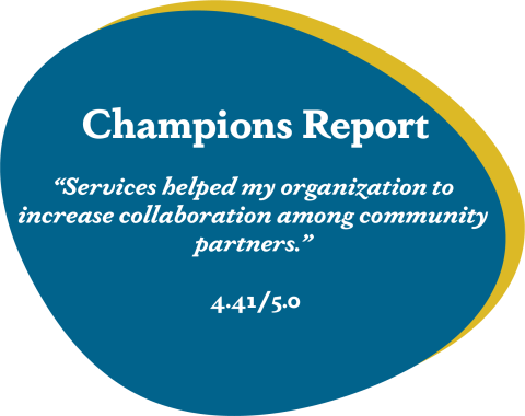 Champions report: "services helped my organization and community in identifying priority areas for community care coordination planning." 4.41/5.0