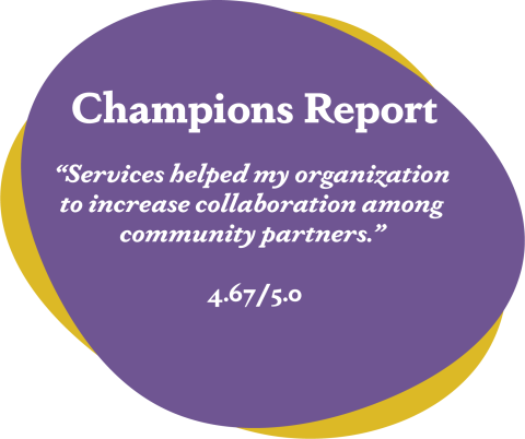 Purple blob that reads Services helped my organization to increase collaboration among community partners. 4.67/5.0
